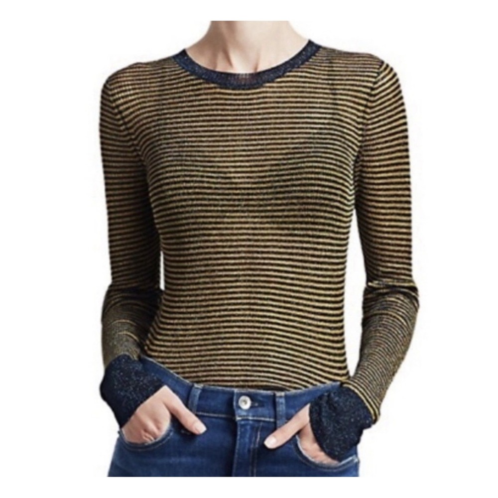 Rag & Bone Raina Navy Gold Metallic Stripe Sheer Sweater Pullover Classic Chic